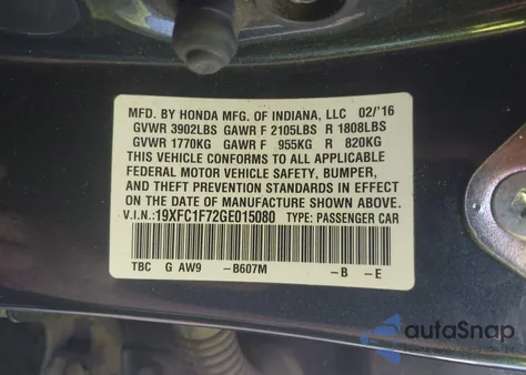 2016 Honda Civic Ex-L from USA, damaged, VIN 19XFC1F72GE015080